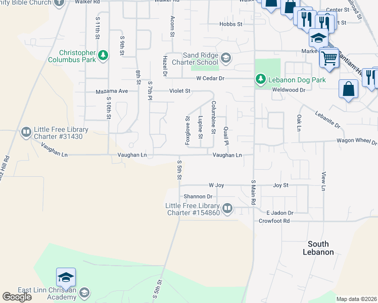 map of restaurants, bars, coffee shops, grocery stores, and more near 3347 Foxglove Street in Lebanon