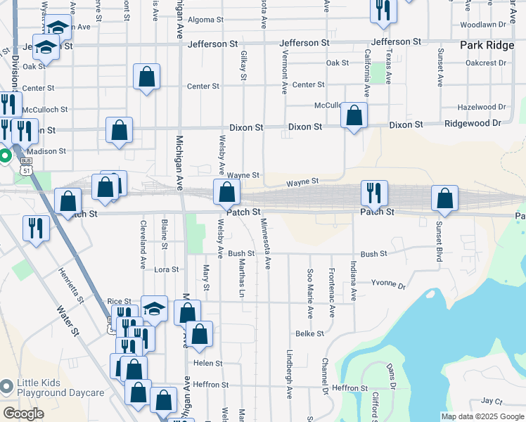 map of restaurants, bars, coffee shops, grocery stores, and more near 2800 Patch Street in Stevens Point