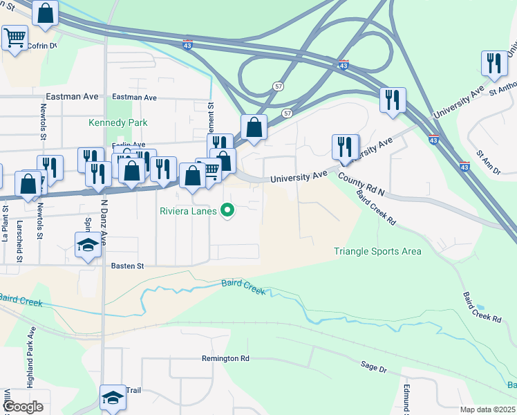 map of restaurants, bars, coffee shops, grocery stores, and more near 589 Rothe Street in Green Bay