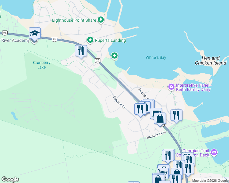 map of restaurants, bars, coffee shops, grocery stores, and more near 27 Dawson Drive in Collingwood
