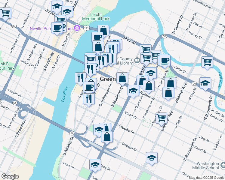 map of restaurants, bars, coffee shops, grocery stores, and more near 125 South Jefferson Street in Green Bay