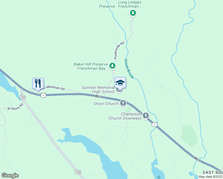 map of restaurants, bars, coffee shops, grocery stores, and more near 25 Punkinville Road in Sullivan