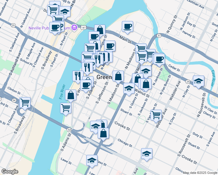 map of restaurants, bars, coffee shops, grocery stores, and more near 414 East Walnut Street in Green Bay