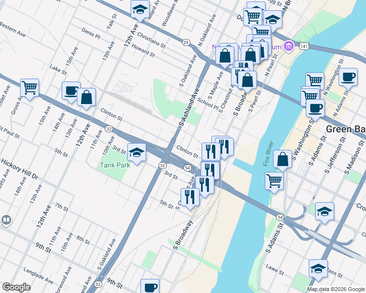 map of restaurants, bars, coffee shops, grocery stores, and more near 522 South Maple Avenue in Green Bay