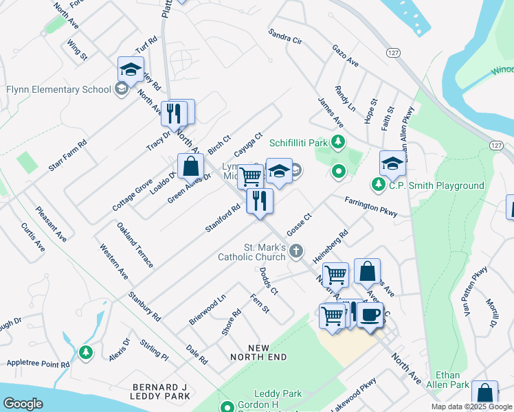 map of restaurants, bars, coffee shops, grocery stores, and more near 1384 North Avenue in Burlington