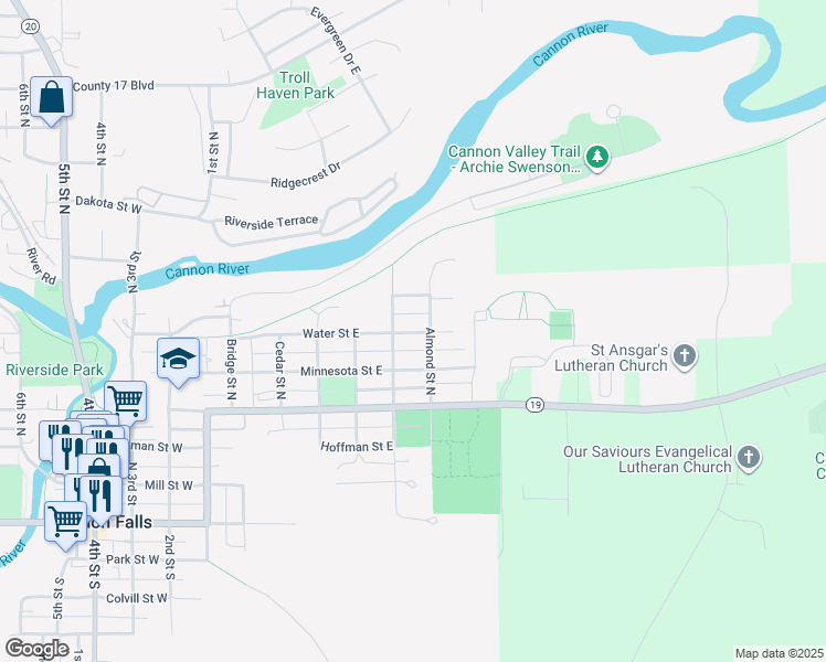 map of restaurants, bars, coffee shops, grocery stores, and more near 600 Water Street East in Cannon Falls