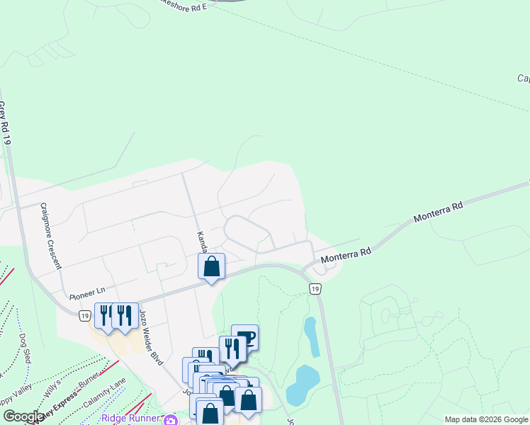 map of restaurants, bars, coffee shops, grocery stores, and more near 110 Liisa's Lane in Grey County