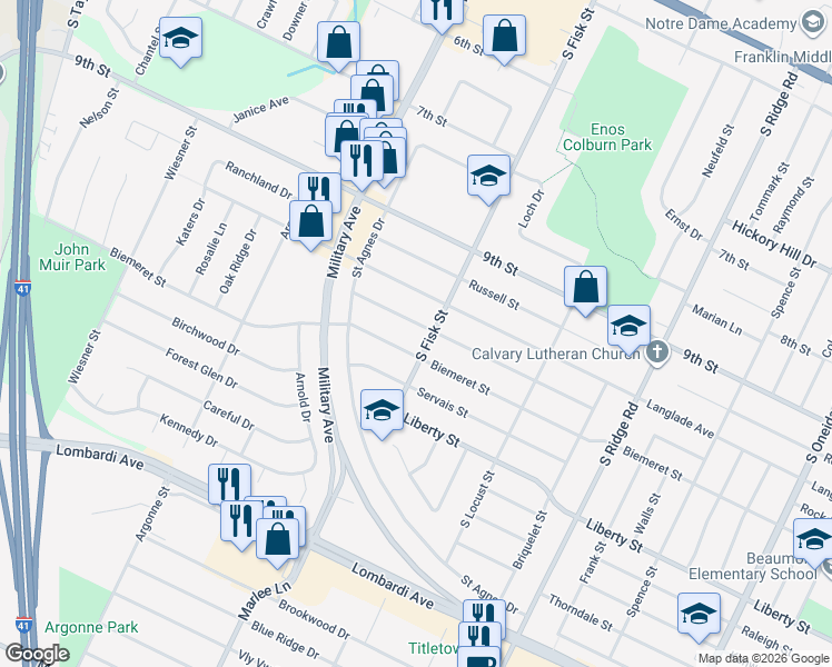 map of restaurants, bars, coffee shops, grocery stores, and more near 1507 Rockdale Street in Green Bay