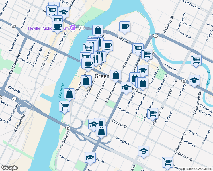 map of restaurants, bars, coffee shops, grocery stores, and more near 125 South Jefferson Street in Green Bay