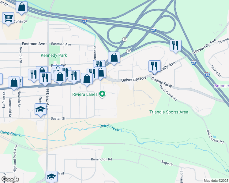 map of restaurants, bars, coffee shops, grocery stores, and more near 589 Rothe Street in Green Bay