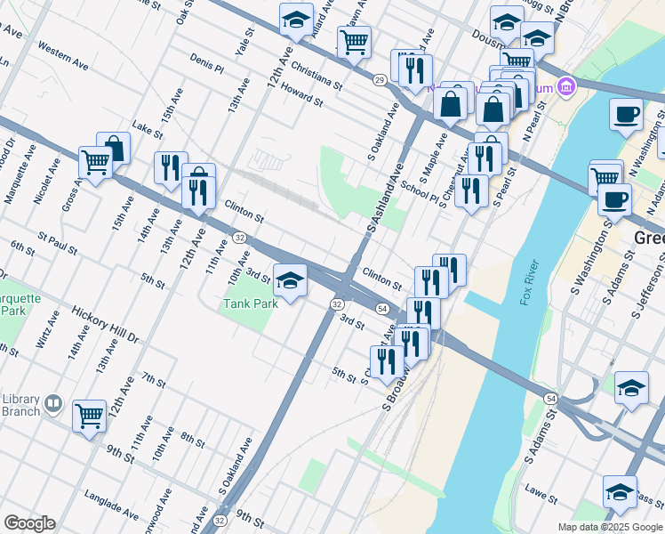 map of restaurants, bars, coffee shops, grocery stores, and more near 610 South Oakland Avenue in Green Bay