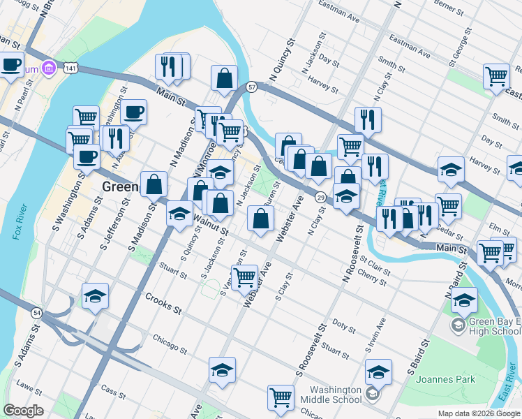 map of restaurants, bars, coffee shops, grocery stores, and more near 902 Pine Street in Green Bay