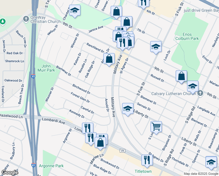 map of restaurants, bars, coffee shops, grocery stores, and more near 1561 Biemeret Street in Green Bay