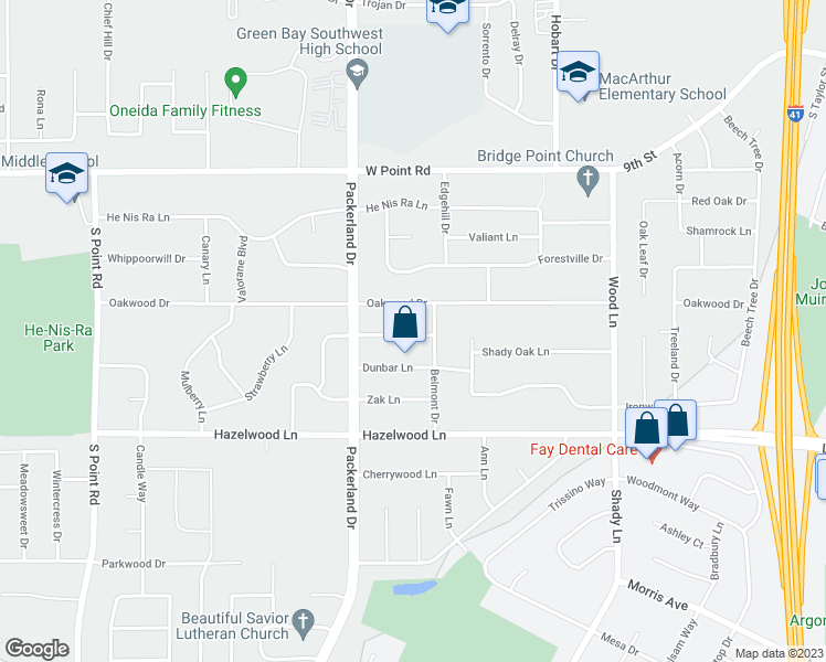 map of restaurants, bars, coffee shops, grocery stores, and more near 2558 Woodridge Lane in Green Bay