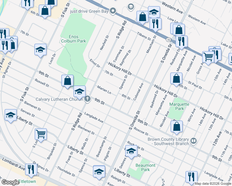 map of restaurants, bars, coffee shops, grocery stores, and more near 1244 Marian Lane in Green Bay