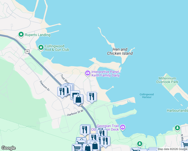 map of restaurants, bars, coffee shops, grocery stores, and more near 9 Cranberry Surf in Collingwood