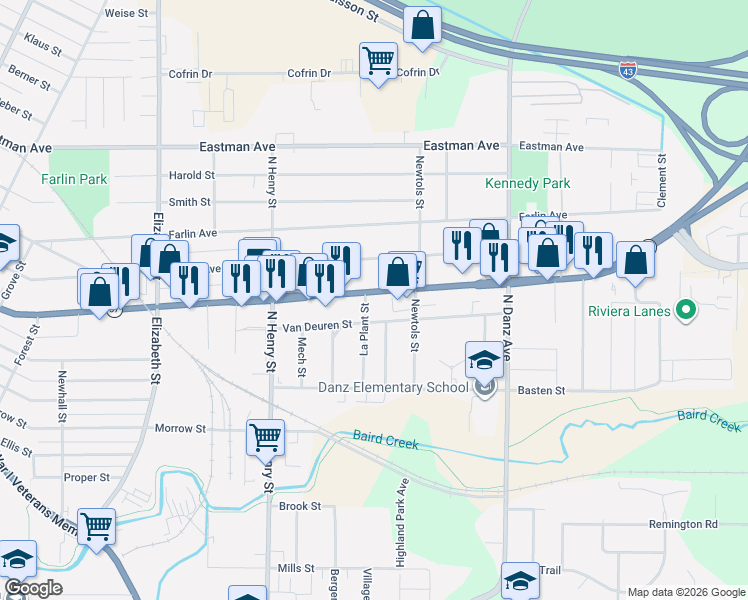 map of restaurants, bars, coffee shops, grocery stores, and more near 1938 University Avenue in Green Bay