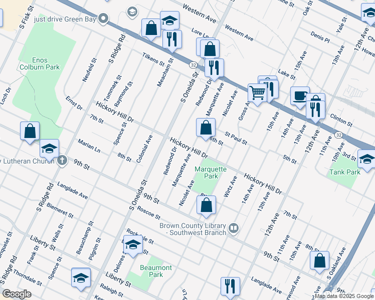 map of restaurants, bars, coffee shops, grocery stores, and more near 1100 Marquette Avenue in Green Bay