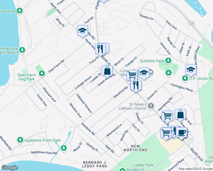 map of restaurants, bars, coffee shops, grocery stores, and more near 58 Cross Parkway in Burlington
