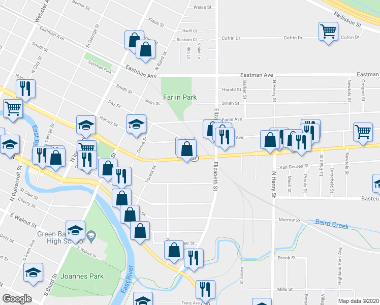 map of restaurants, bars, coffee shops, grocery stores, and more near 1515 University Avenue in Green Bay