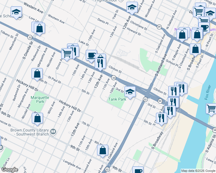 map of restaurants, bars, coffee shops, grocery stores, and more near 883 3rd Street in Green Bay