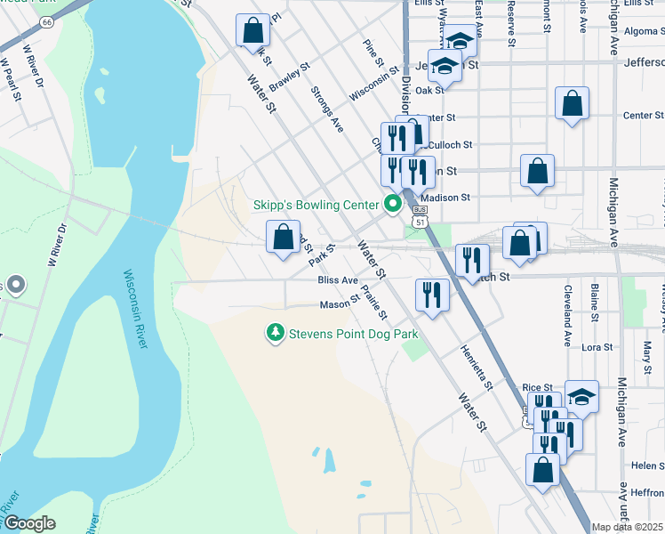 map of restaurants, bars, coffee shops, grocery stores, and more near 2314 Prairie Street in Stevens Point