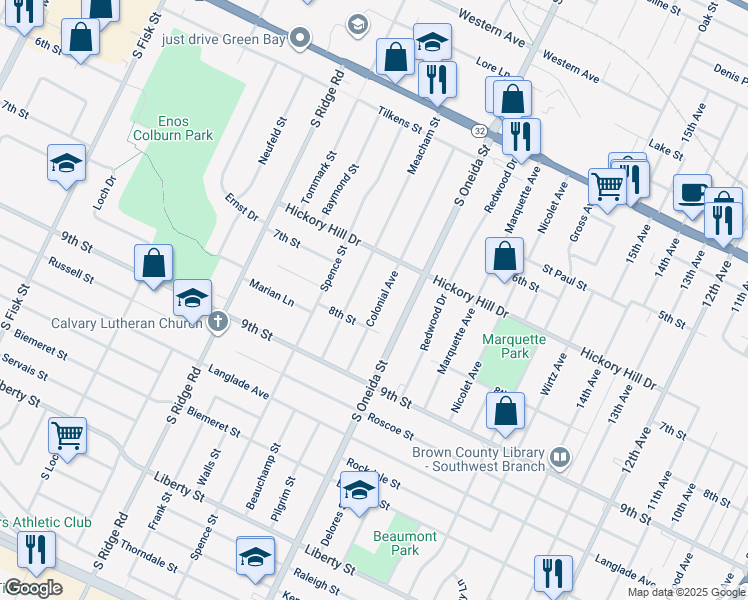 map of restaurants, bars, coffee shops, grocery stores, and more near 1136 Colonial Avenue in Green Bay