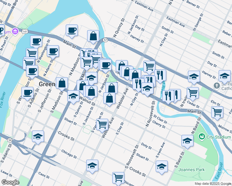 map of restaurants, bars, coffee shops, grocery stores, and more near 902 Pine Street in Green Bay