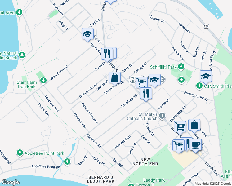 map of restaurants, bars, coffee shops, grocery stores, and more near 58 Cross Parkway in Burlington