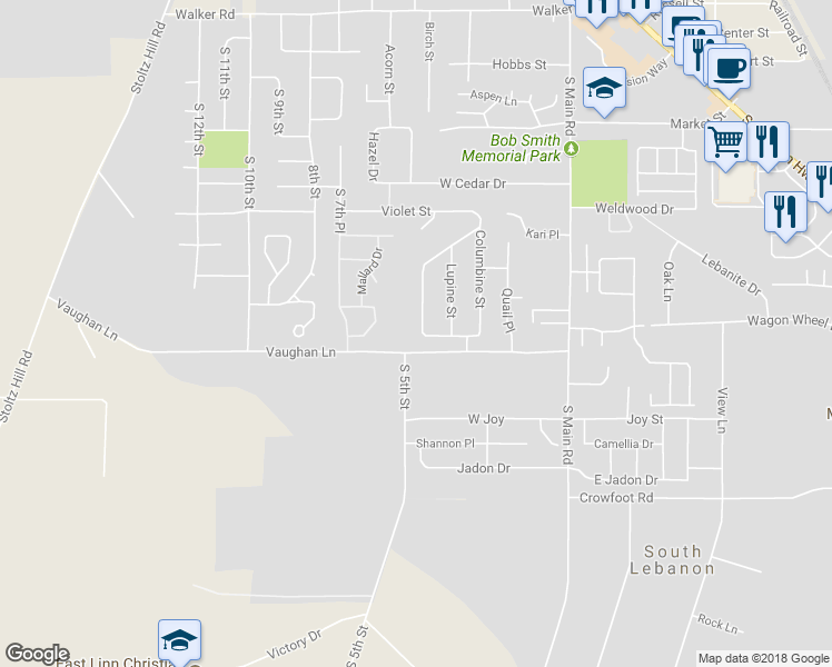 map of restaurants, bars, coffee shops, grocery stores, and more near 3347 Foxglove Street in Lebanon