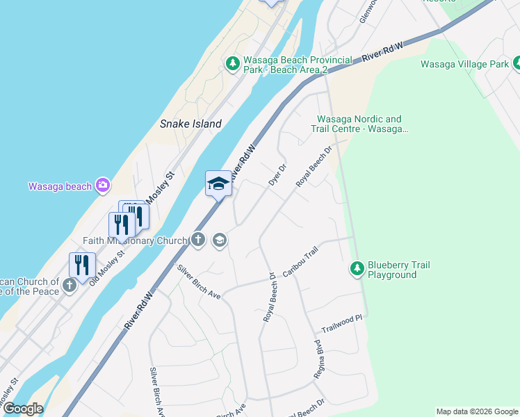 map of restaurants, bars, coffee shops, grocery stores, and more near 119 Dyer Drive in Wasaga Beach