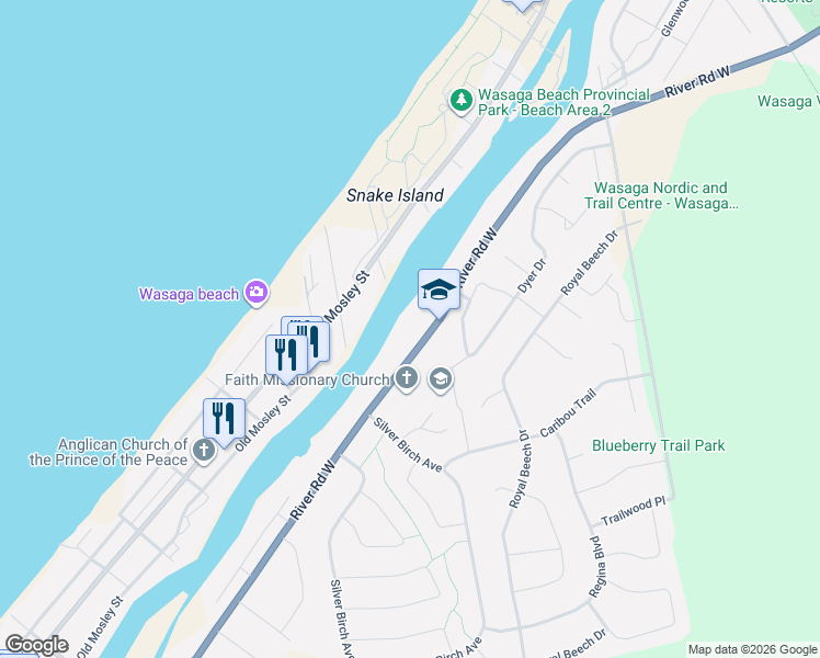 map of restaurants, bars, coffee shops, grocery stores, and more near 1304 River Road West in Wasaga Beach