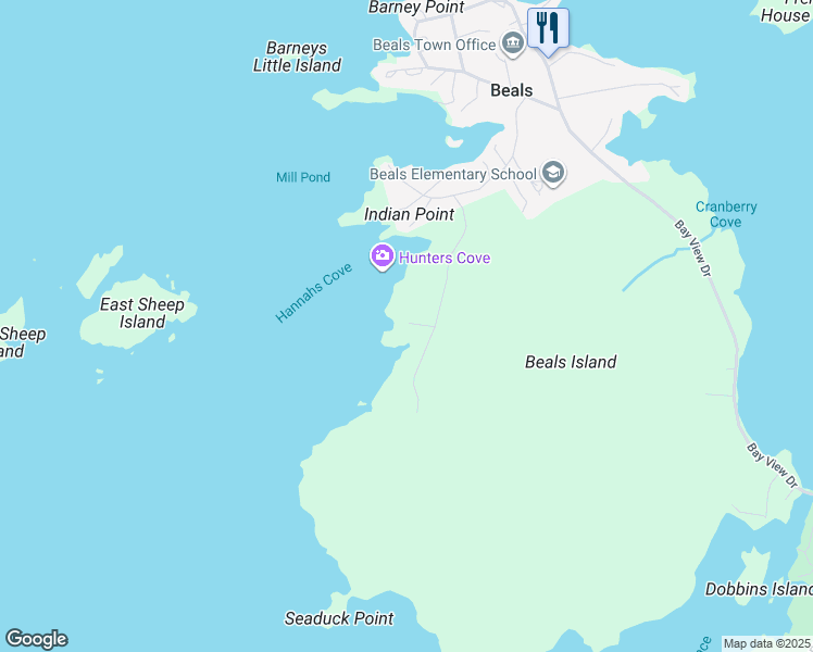 map of restaurants, bars, coffee shops, grocery stores, and more near Hannah's Cove Road in Beals