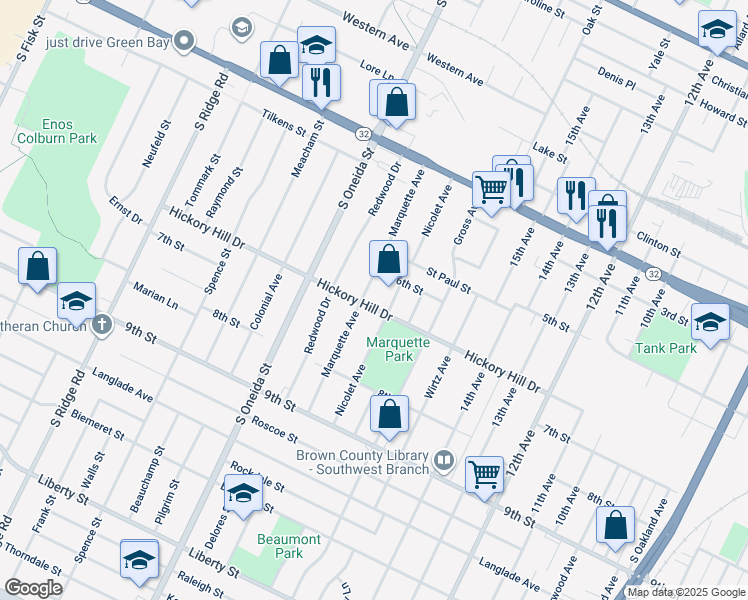 map of restaurants, bars, coffee shops, grocery stores, and more near 1100 Marquette Avenue in Green Bay