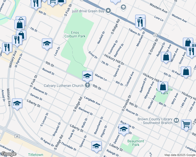 map of restaurants, bars, coffee shops, grocery stores, and more near 1277 Marian Lane in Green Bay