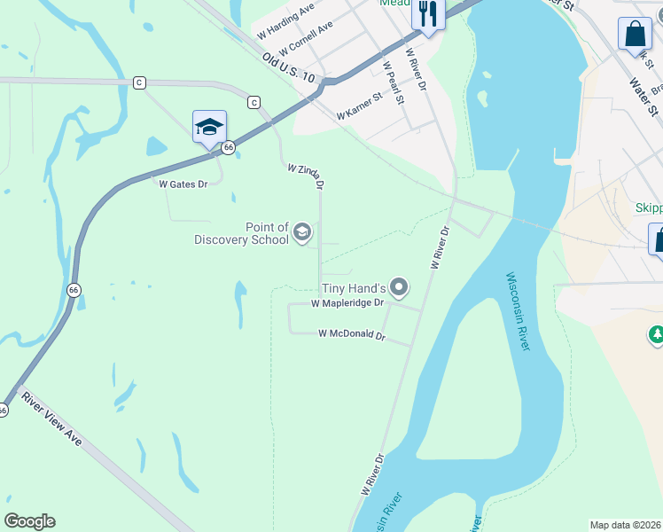 map of restaurants, bars, coffee shops, grocery stores, and more near 448 West Trillium Court in Stevens Point