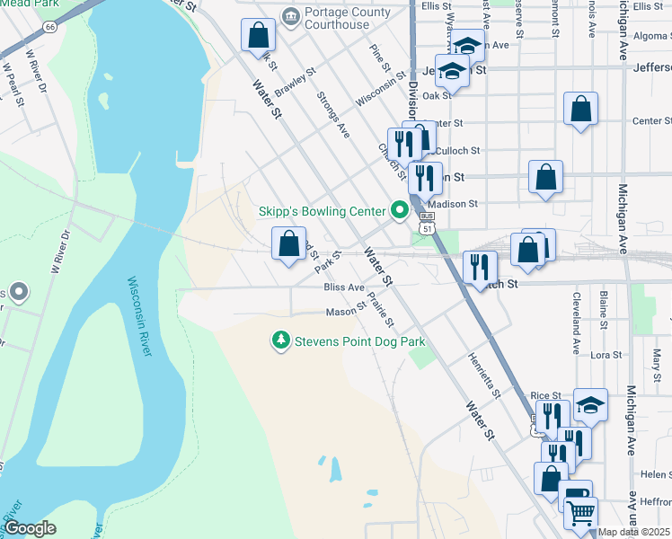 map of restaurants, bars, coffee shops, grocery stores, and more near 2314 Prairie Street in Stevens Point