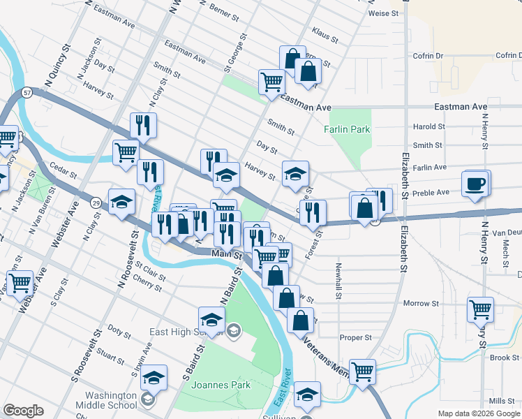 map of restaurants, bars, coffee shops, grocery stores, and more near 625 North Baird Street in Green Bay