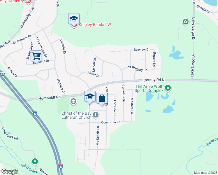 map of restaurants, bars, coffee shops, grocery stores, and more near 626 Van Caster Drive in Green Bay