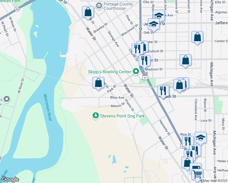 map of restaurants, bars, coffee shops, grocery stores, and more near 2314 Prairie Street in Stevens Point