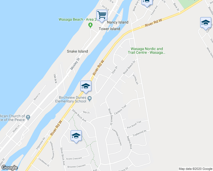 map of restaurants, bars, coffee shops, grocery stores, and more near 119 Dyer Drive in Wasaga Beach