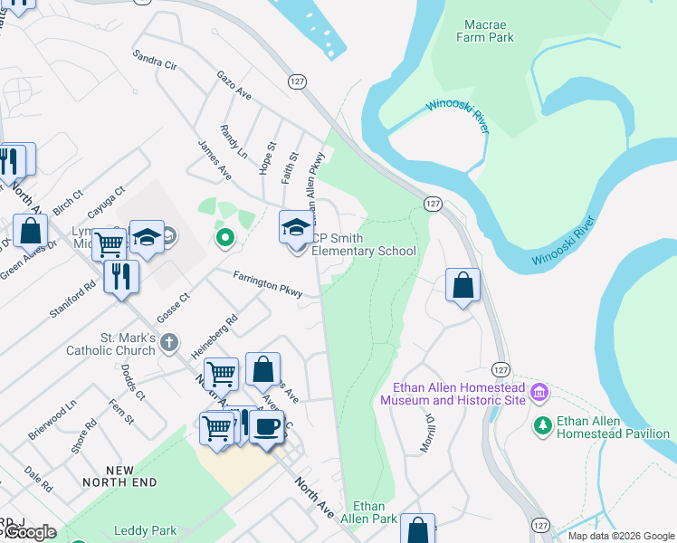 map of restaurants, bars, coffee shops, grocery stores, and more near 7 Ira Lane in Burlington