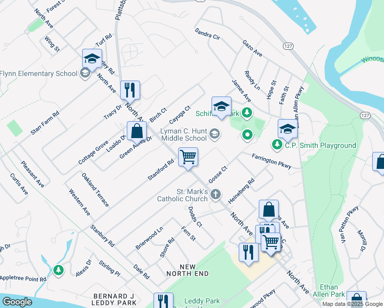 map of restaurants, bars, coffee shops, grocery stores, and more near 1384 North Avenue in Burlington