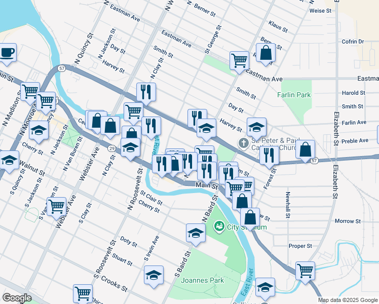 map of restaurants, bars, coffee shops, grocery stores, and more near 528 North Irwin Avenue in Green Bay