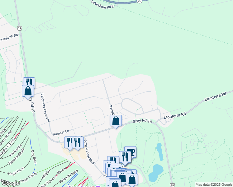 map of restaurants, bars, coffee shops, grocery stores, and more near 106 Birch View Trail in The Blue Mountains