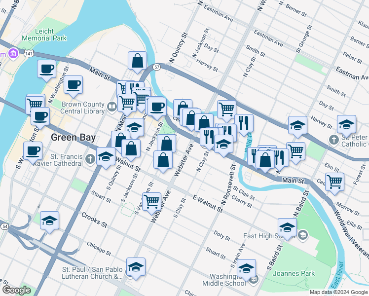 map of restaurants, bars, coffee shops, grocery stores, and more near 309 North Webster Avenue in Green Bay