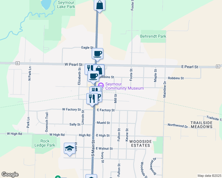 map of restaurants, bars, coffee shops, grocery stores, and more near 209 Depot Street in Seymour