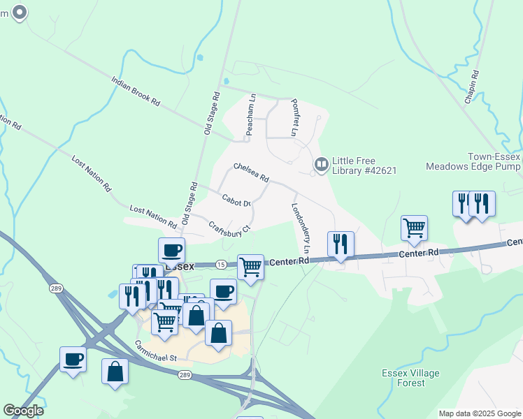 map of restaurants, bars, coffee shops, grocery stores, and more near 2 Craftsbury Court in Essex