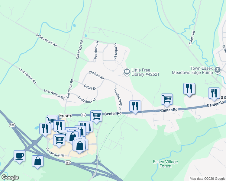 map of restaurants, bars, coffee shops, grocery stores, and more near 16 Londonderry Lane in Essex Junction