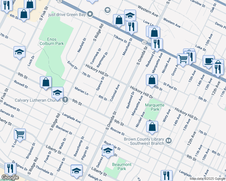 map of restaurants, bars, coffee shops, grocery stores, and more near 1136 Colonial Avenue in Green Bay